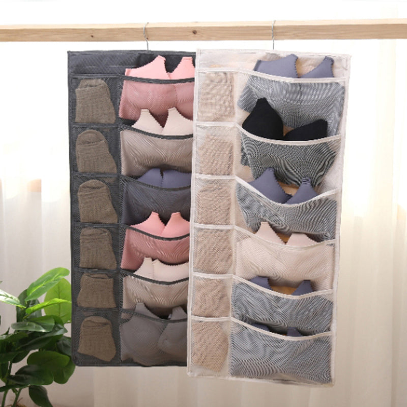 Dual-sided Hanging Closet Organizer for Underwear Sock Toiletries Bra 15 Mesh Pockets