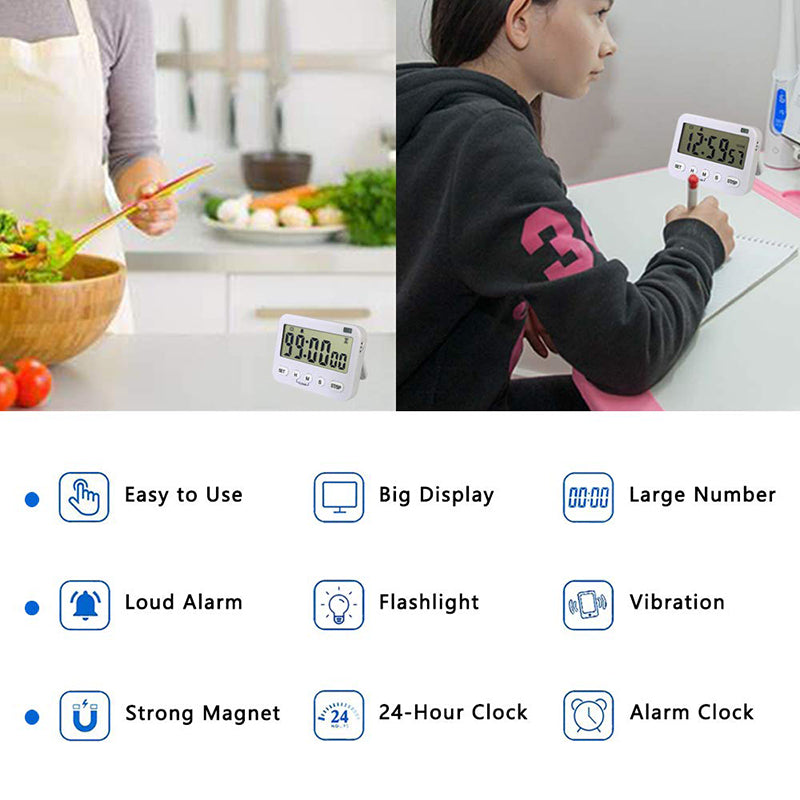 Digital Kitchen Timer Big Digit Count Down & Up Timer Memory Vibration Flashlight Loud Alarm with Magnetic Back