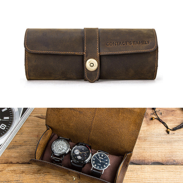 CONTACTS FAMILY Crazy Horse Texture Genuine Leather Buckle Design Watch Roll Travel Case Watch Storage Box for 3 Watches