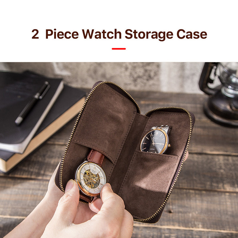 CONTACTS FAMILY Portable Watch Storage Case Genuine Leather Zipper Watch Bag Holder for 2 Watches