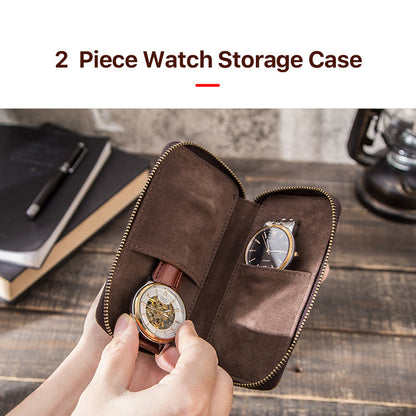 CONTACTS FAMILY Portable Watch Storage Case Genuine Leather Zipper Watch Bag Holder for 2 Watches