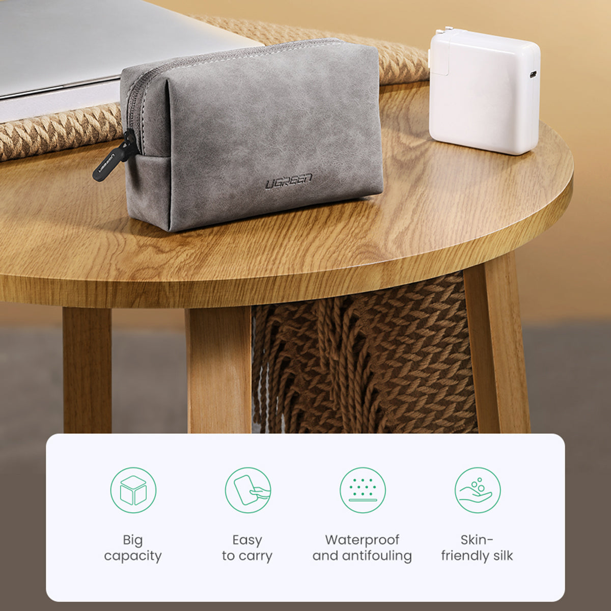 UGREEN 80359 Portable Travel PU Leather Digital Accessories Storage Bag USB Cable Charging Adapter Earphone Carrying Bag