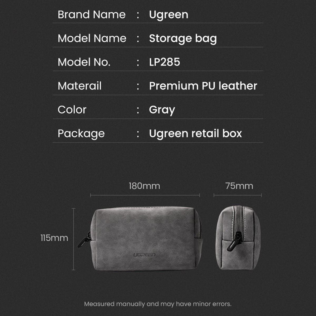 UGREEN 80359 Portable Travel PU Leather Digital Accessories Storage Bag USB Cable Charging Adapter Earphone Carrying Bag