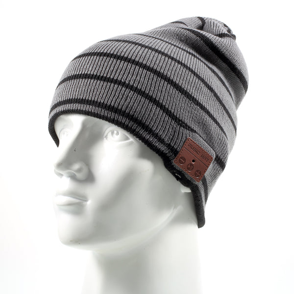 Black and Grey Stripes Knitted Winter Hat Built-in Wireless Bluetooth Headphone &amp; Microphone