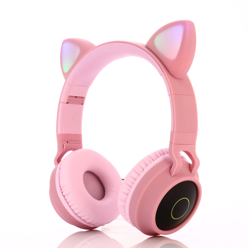 Cute Cat Ear Kids Women Bluetooth 5.0 Headphone Foldable Over-Ear Stereo Wireless Headset with LED Light