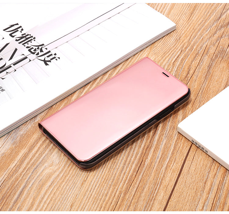 For iPhone X/XS 5.8 inch Plated Mirror Window View Leather Stand Case Cover Anti-Fingerprint Surface