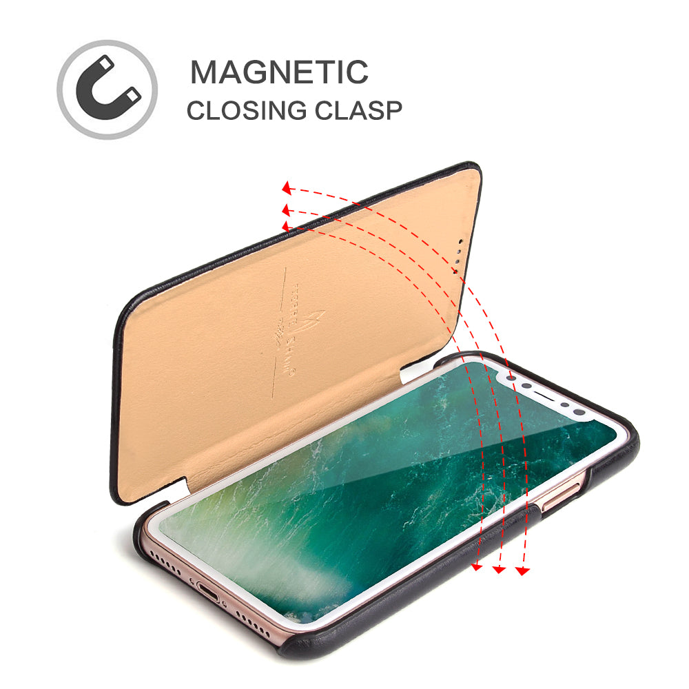 FIERRE SHANN Full Grain Genuine Leather Flip Shell for iPhone X (Ten) 5.8 inch