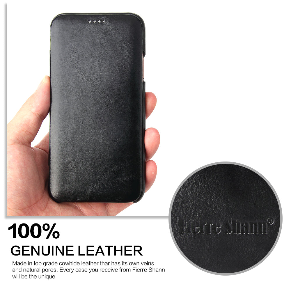 FIERRE SHANN Full Grain Genuine Leather Flip Shell for iPhone X (Ten) 5.8 inch
