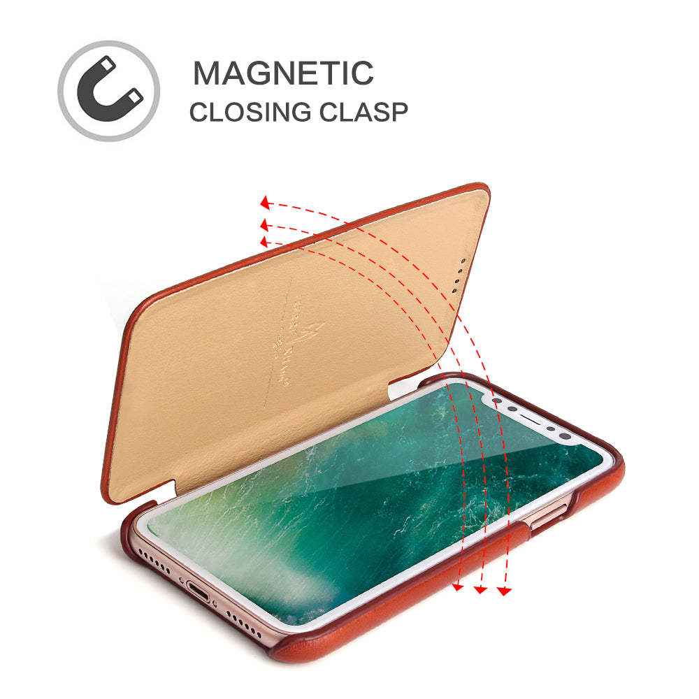 FIERRE SHANN Full Grain Genuine Leather Flip Shell for iPhone X (Ten) 5.8 inch