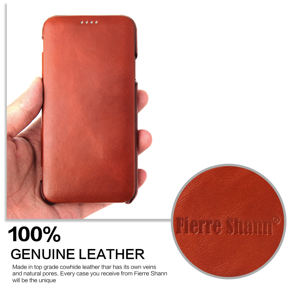 FIERRE SHANN Full Grain Genuine Leather Flip Shell for iPhone X (Ten) 5.8 inch