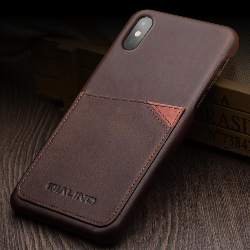 QIALINO Card Slot Cowhide Leather Coated PC Case for iPhone X  / Xs 5.8 inch- Coffee