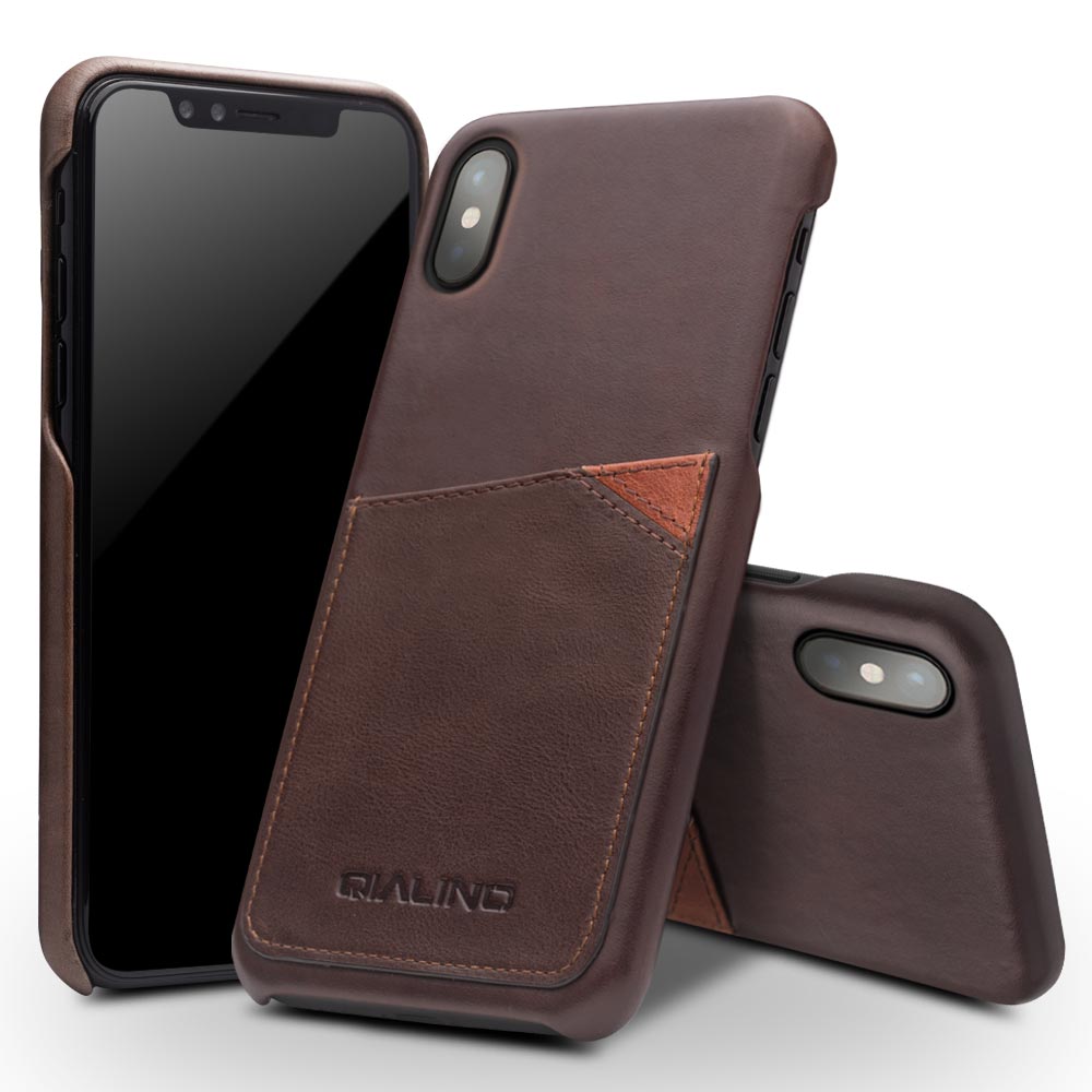 QIALINO Card Slot Cowhide Leather Coated PC Case for iPhone X  / Xs 5.8 inch- Coffee