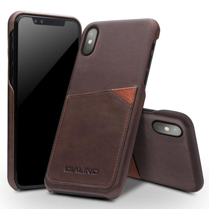 QIALINO Card Slot Cowhide Leather Coated PC Case for iPhone X  / Xs 5.8 inch- Coffee