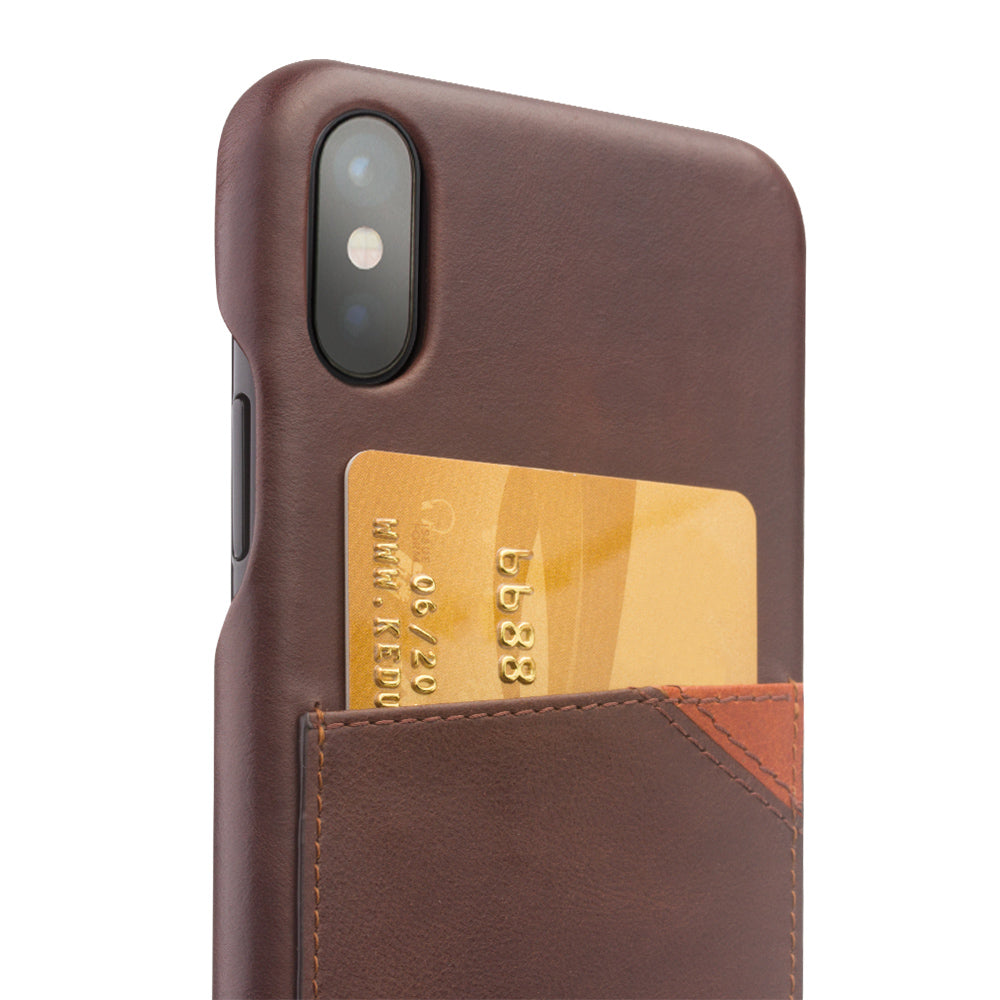 QIALINO Card Slot Cowhide Leather Coated PC Case for iPhone X  / Xs 5.8 inch- Coffee