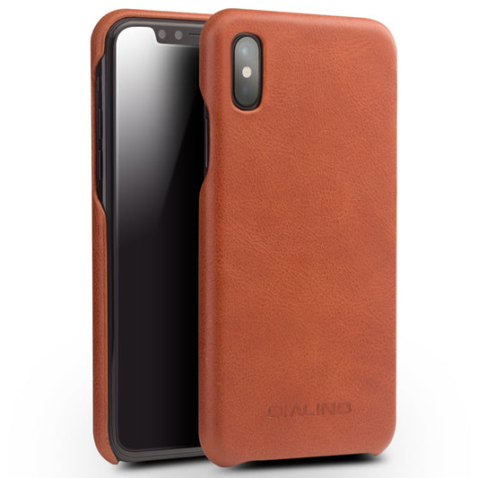 QIALINO Cowhide Leather Coated PC Back Casing for iPhone X / XS 5.8 inch Hard Phone Accessory