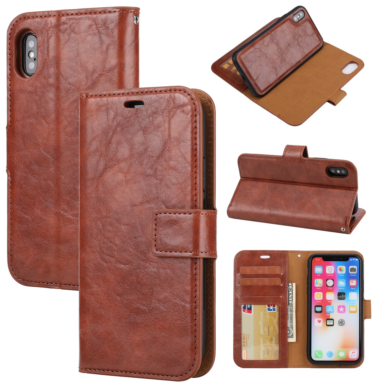 Crazy Horse Leather Cover + Removable TPU Back Case for iPhone X/XS 5.8 (Ten)