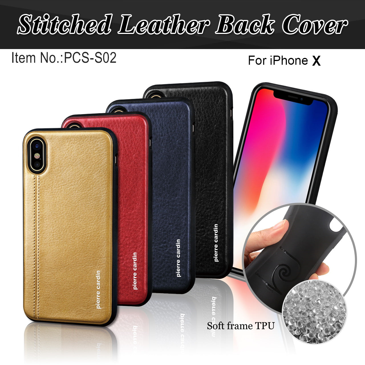 PIERRE CARDIN Stitched Genuine Leather Coated TPU Phone Case for iPhone XS / X