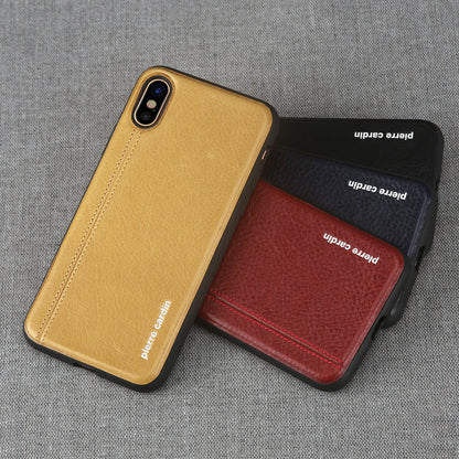 PIERRE CARDIN Stitched Genuine Leather Coated TPU Phone Case for iPhone XS / X
