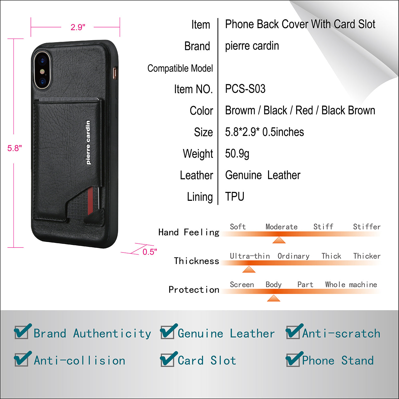 PIERRE CARDIN for iPhone XS / X 5.8 inch Genuine Leather Coated Card Slot TPU Case