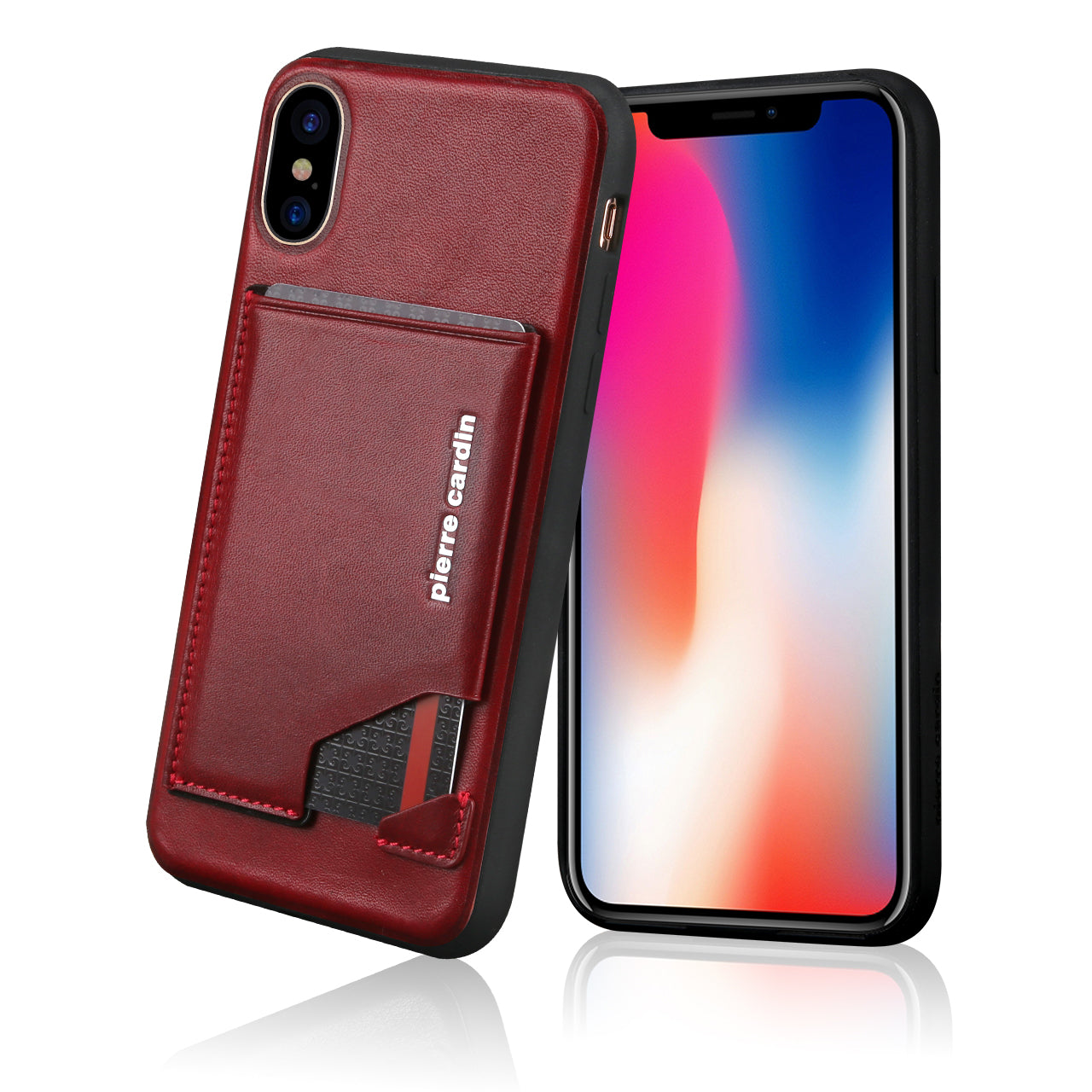PIERRE CARDIN for iPhone XS / X 5.8 inch Genuine Leather Coated Card Slot TPU Case