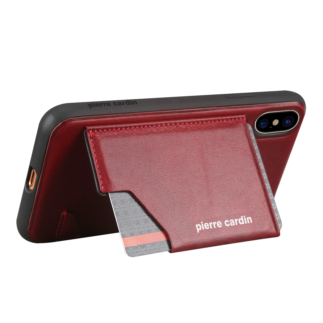 PIERRE CARDIN for iPhone XS / X 5.8 inch Genuine Leather Coated Card Slot TPU Case