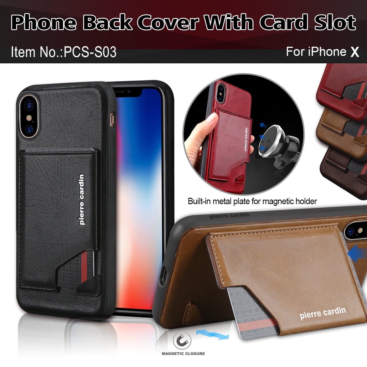 PIERRE CARDIN for iPhone XS / X 5.8 inch Genuine Leather Coated Card Slot TPU Case