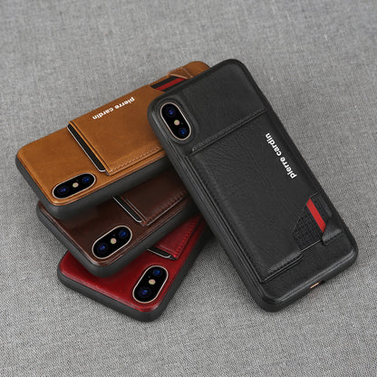 PIERRE CARDIN for iPhone XS / X 5.8 inch Genuine Leather Coated Card Slot TPU Case