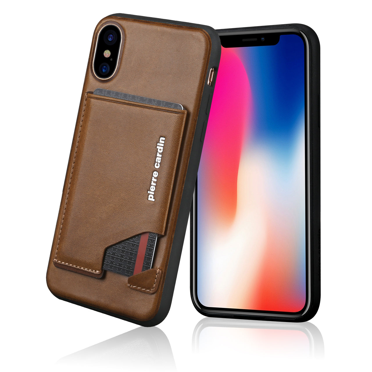 PIERRE CARDIN for iPhone XS / X 5.8 inch Genuine Leather Coated Card Slot TPU Case