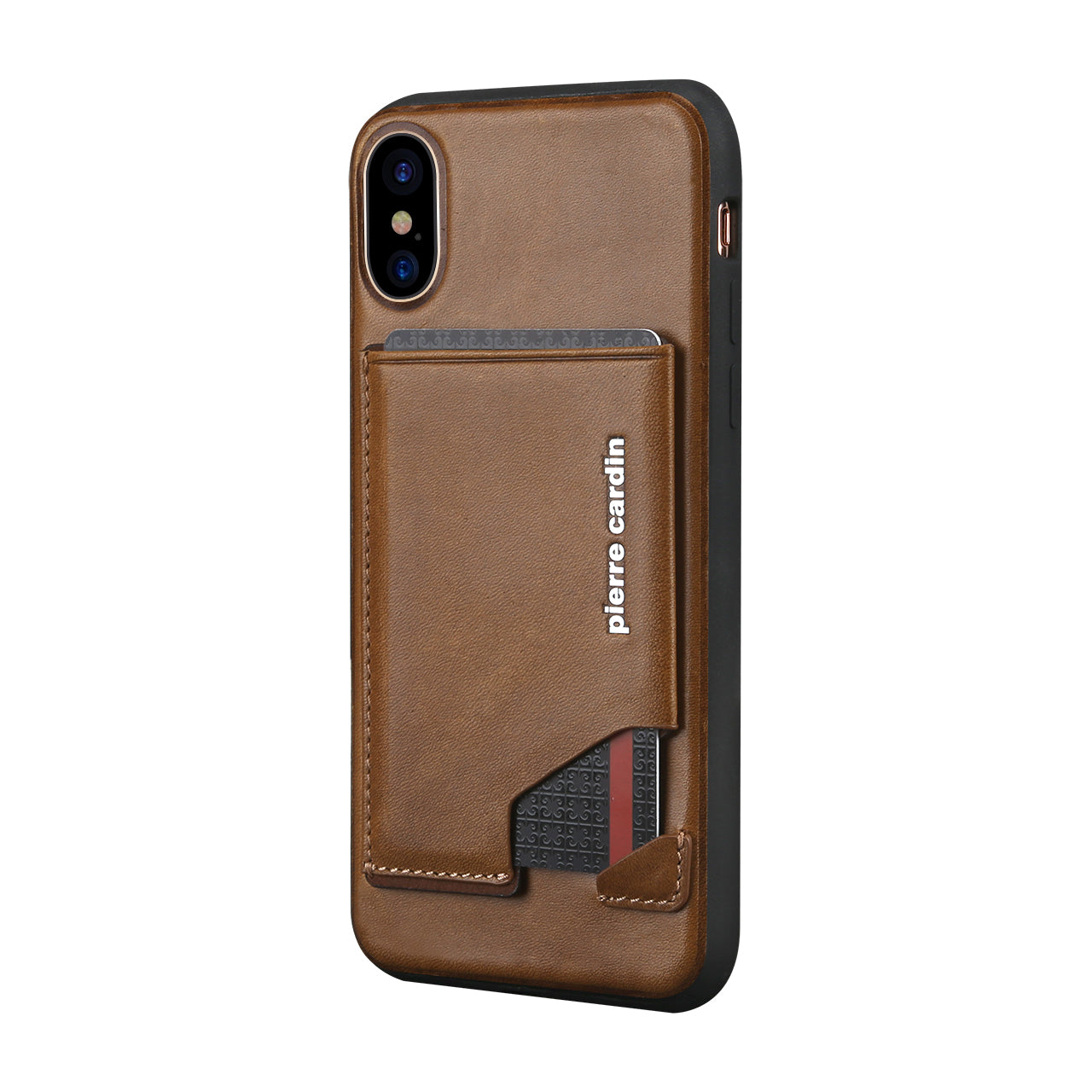 PIERRE CARDIN for iPhone XS / X 5.8 inch Genuine Leather Coated Card Slot TPU Case