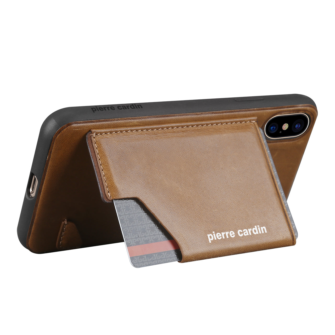 PIERRE CARDIN for iPhone XS / X 5.8 inch Genuine Leather Coated Card Slot TPU Case