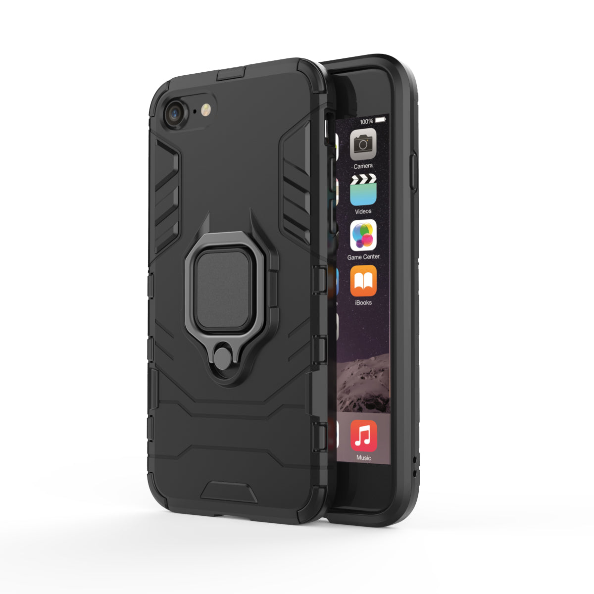 Finger Ring Kickstand PC + TPU Combo Phone Case for iPhone 8/7/SE (2022)/SE (2020)- Black
