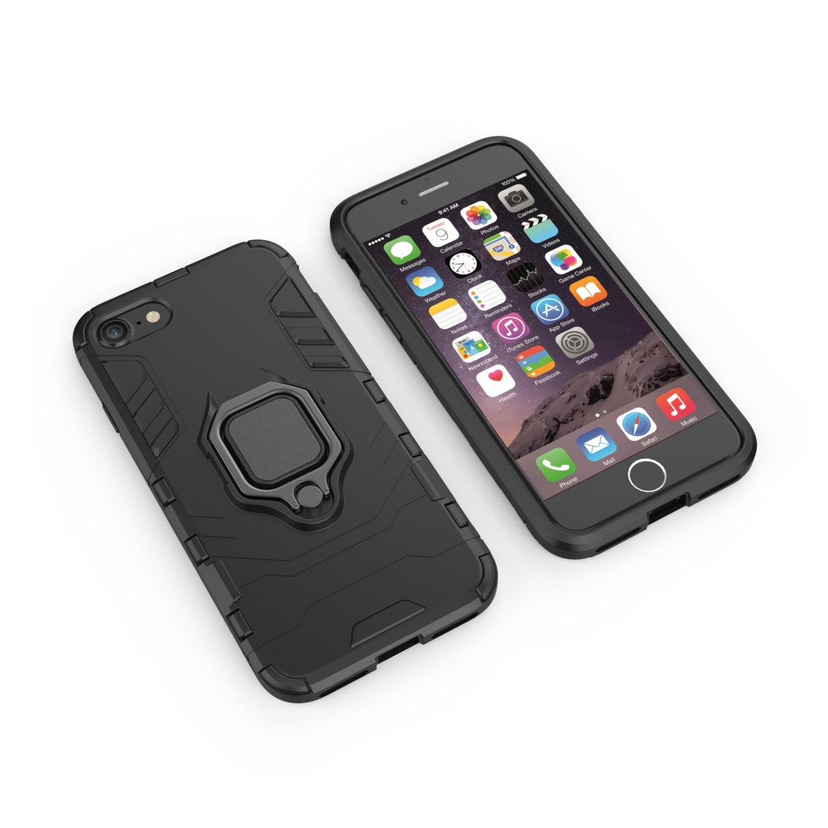 Finger Ring Kickstand PC + TPU Combo Phone Case for iPhone 8/7/SE (2022)/SE (2020)- Black