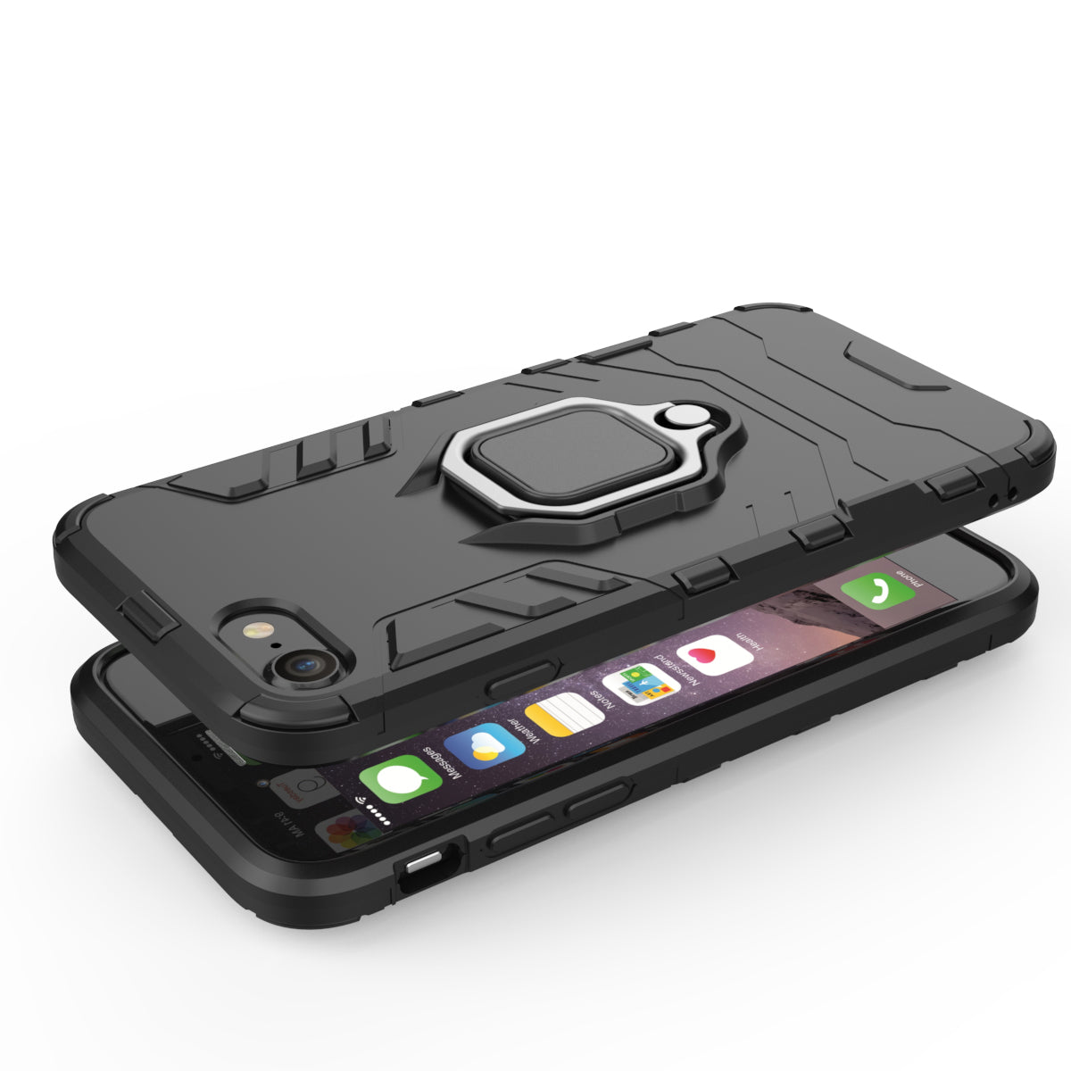 Finger Ring Kickstand PC + TPU Combo Phone Case for iPhone 8/7/SE (2022)/SE (2020)- Black