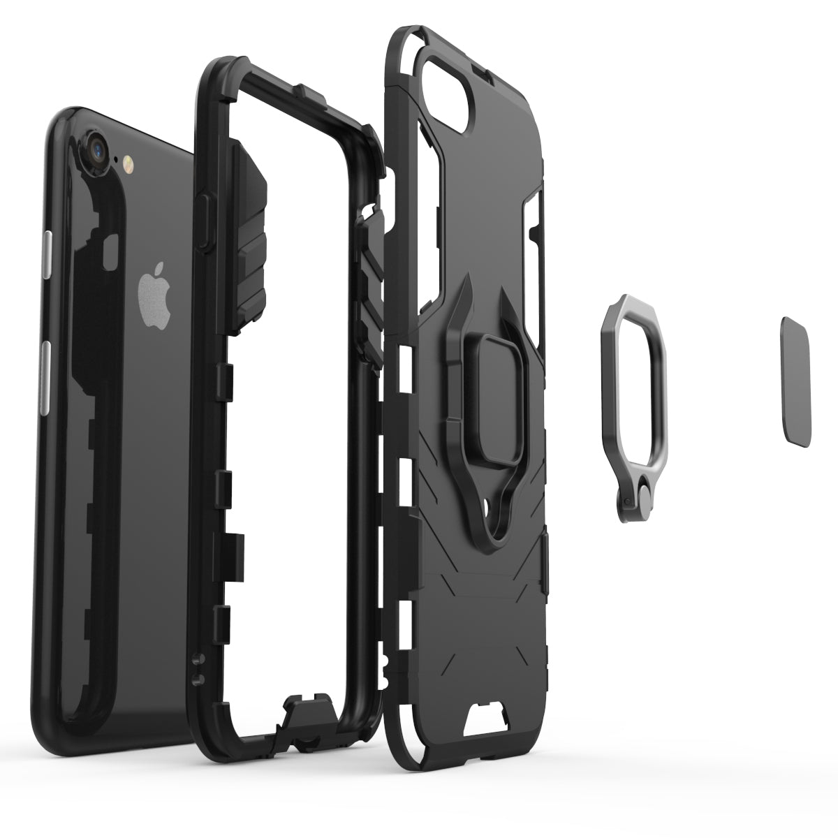 Finger Ring Kickstand PC + TPU Combo Phone Case for iPhone 8/7/SE (2022)/SE (2020)- Black