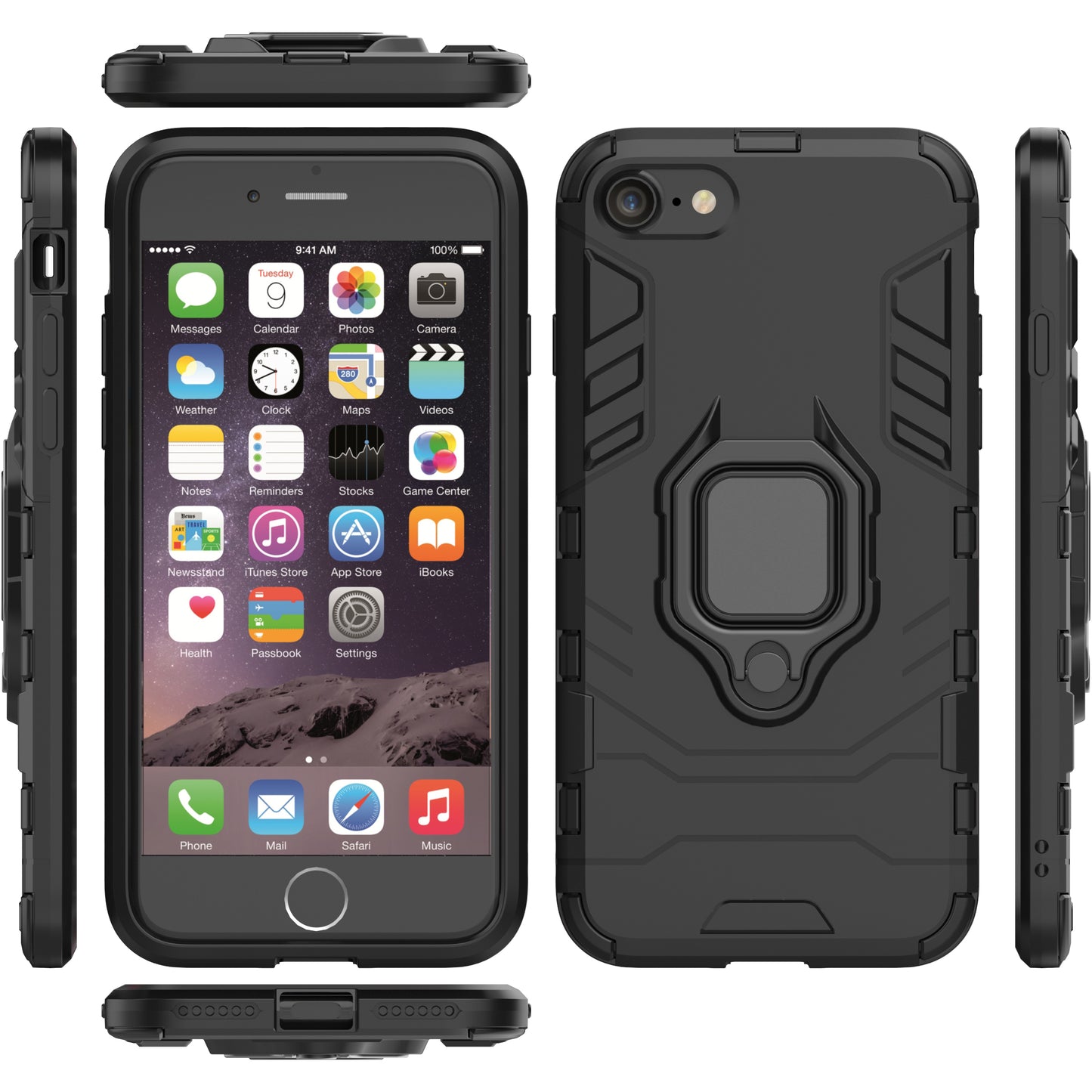 Finger Ring Kickstand PC + TPU Combo Phone Case for iPhone 8/7/SE (2022)/SE (2020)- Black