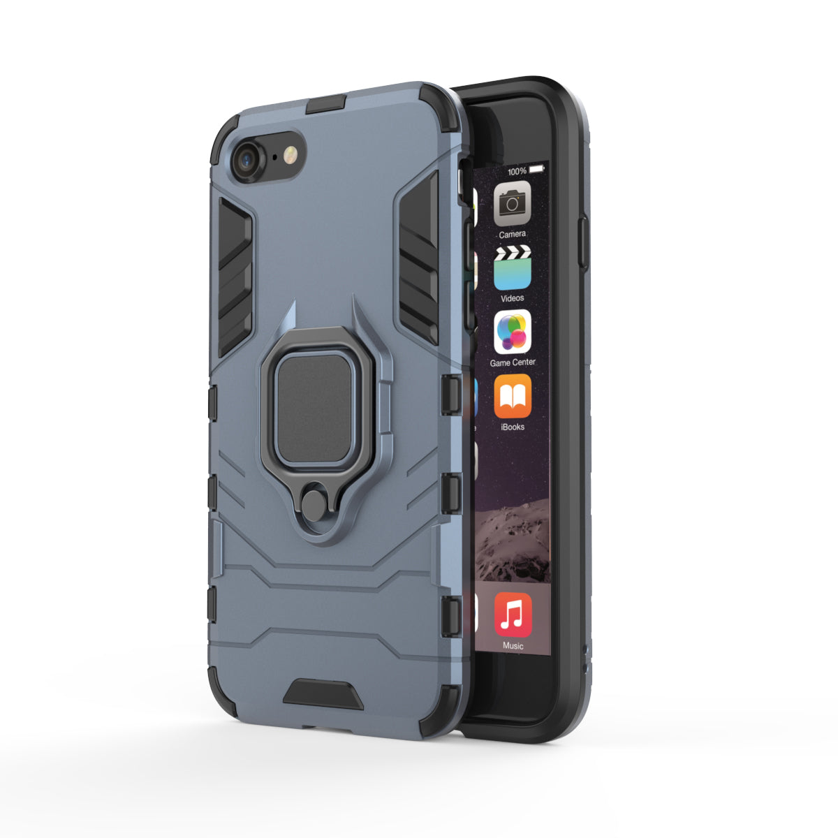 Finger Ring Kickstand PC + TPU Hybrid Cell Phone Cover for iPhone 8/7/SE (2022)/SE (2020)- Dark Blue