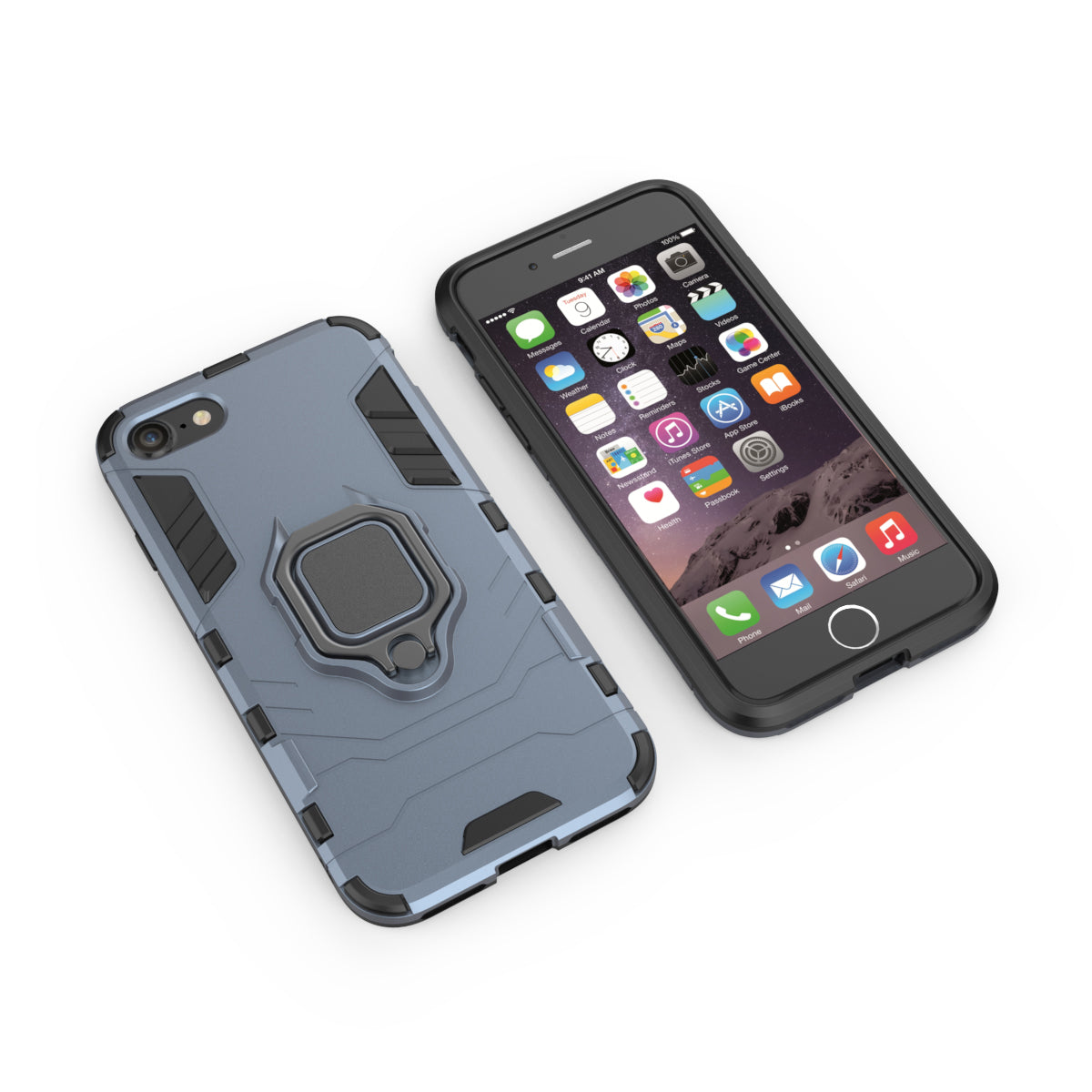 Finger Ring Kickstand PC + TPU Hybrid Cell Phone Cover for iPhone 8/7/SE (2022)/SE (2020)- Dark Blue
