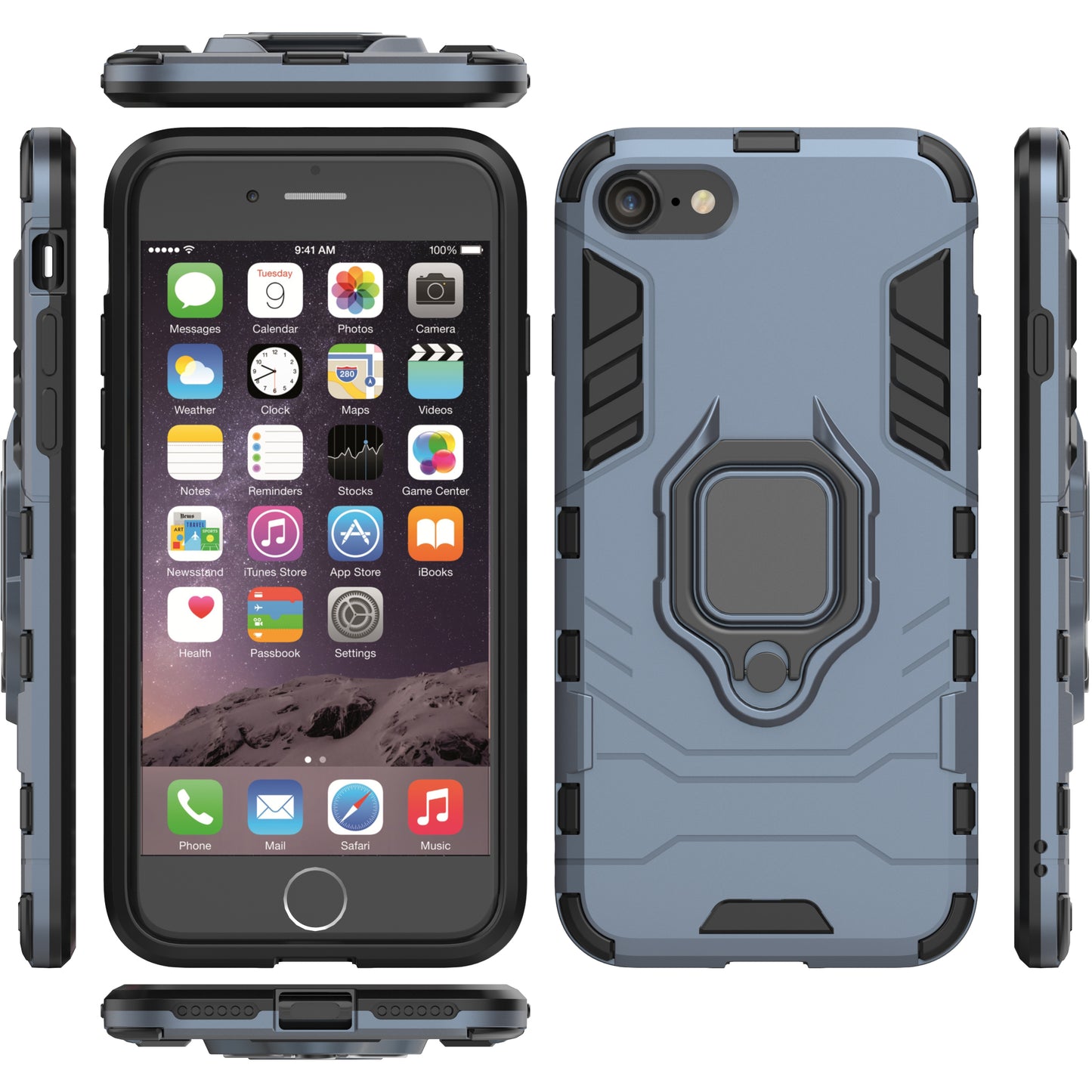 Finger Ring Kickstand PC + TPU Hybrid Cell Phone Cover for iPhone 8/7/SE (2022)/SE (2020)- Dark Blue