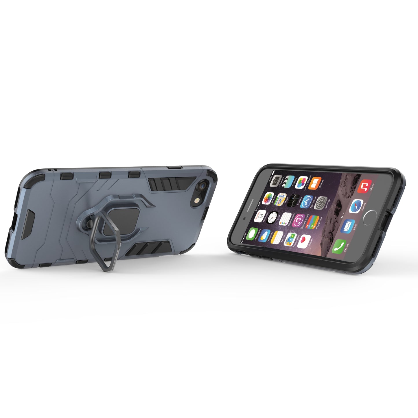 Finger Ring Kickstand PC + TPU Hybrid Cell Phone Cover for iPhone 8/7/SE (2022)/SE (2020)- Dark Blue