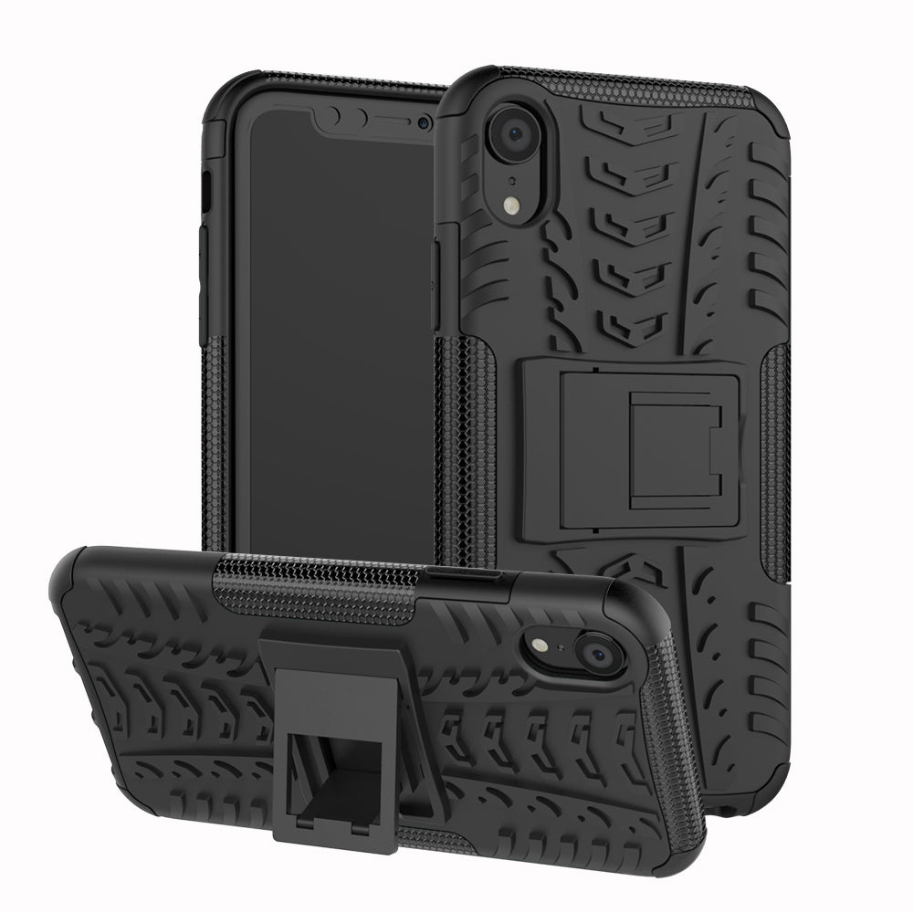 Tire Pattern Kickstand PC + TPU Combo Back Case for iPhone XR 6.1 inch- Black