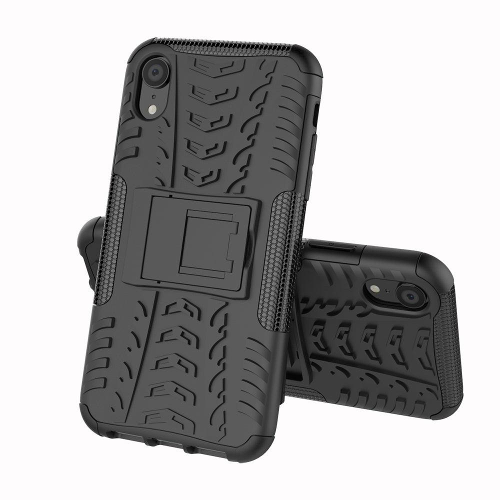 Tire Pattern Kickstand PC + TPU Combo Back Case for iPhone XR 6.1 inch- Black