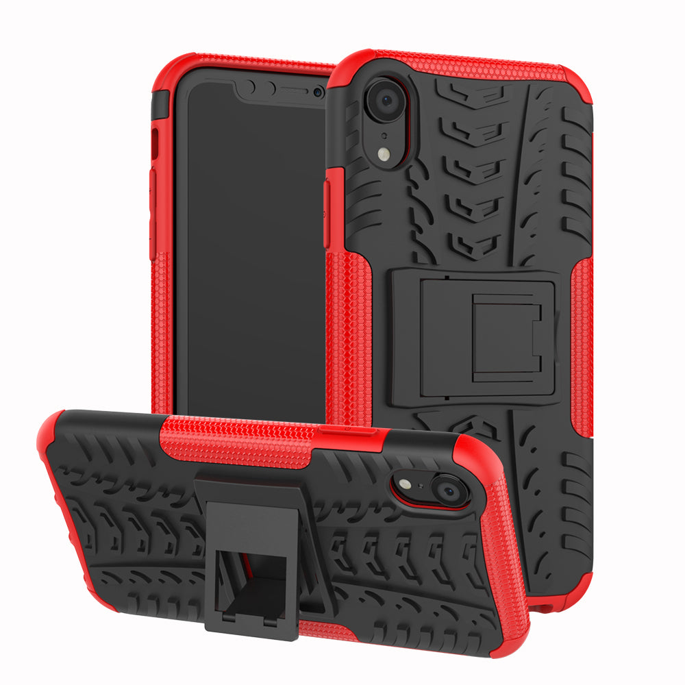 Tire Pattern Kickstand PC + TPU Combo Back Case for iPhone XR 6.1 inch- Black