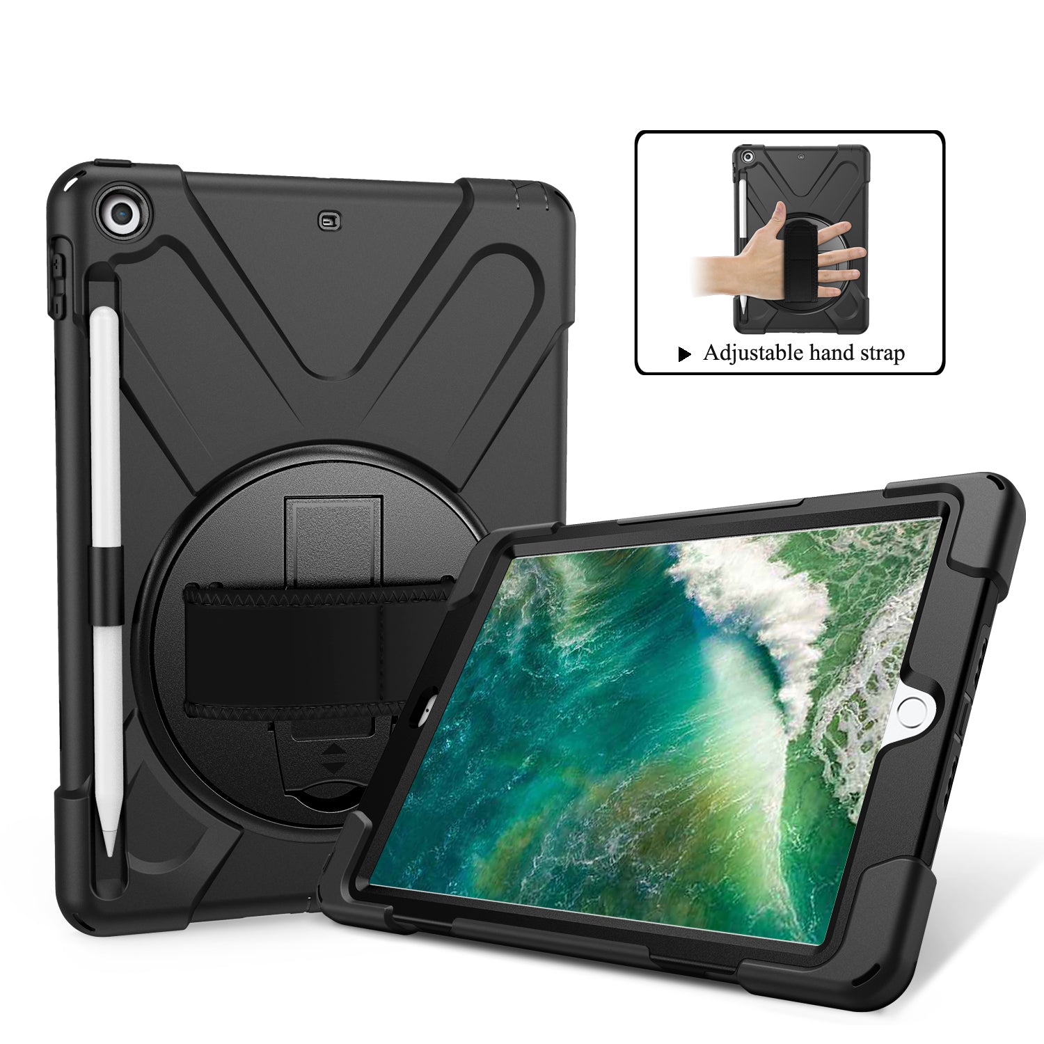 For iPad 9.7-inch (2018) / (2017) [X-Shape] PC + TPU Combo Case / 360 Degree Swivel Kickstand / Hand Strap and Shoulder Strap