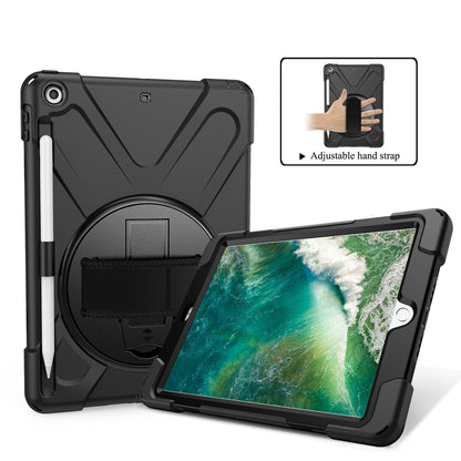 For iPad 9.7-inch (2018) / (2017) [X-Shape] PC + TPU Combo Case / 360 Degree Swivel Kickstand / Hand Strap and Shoulder Strap