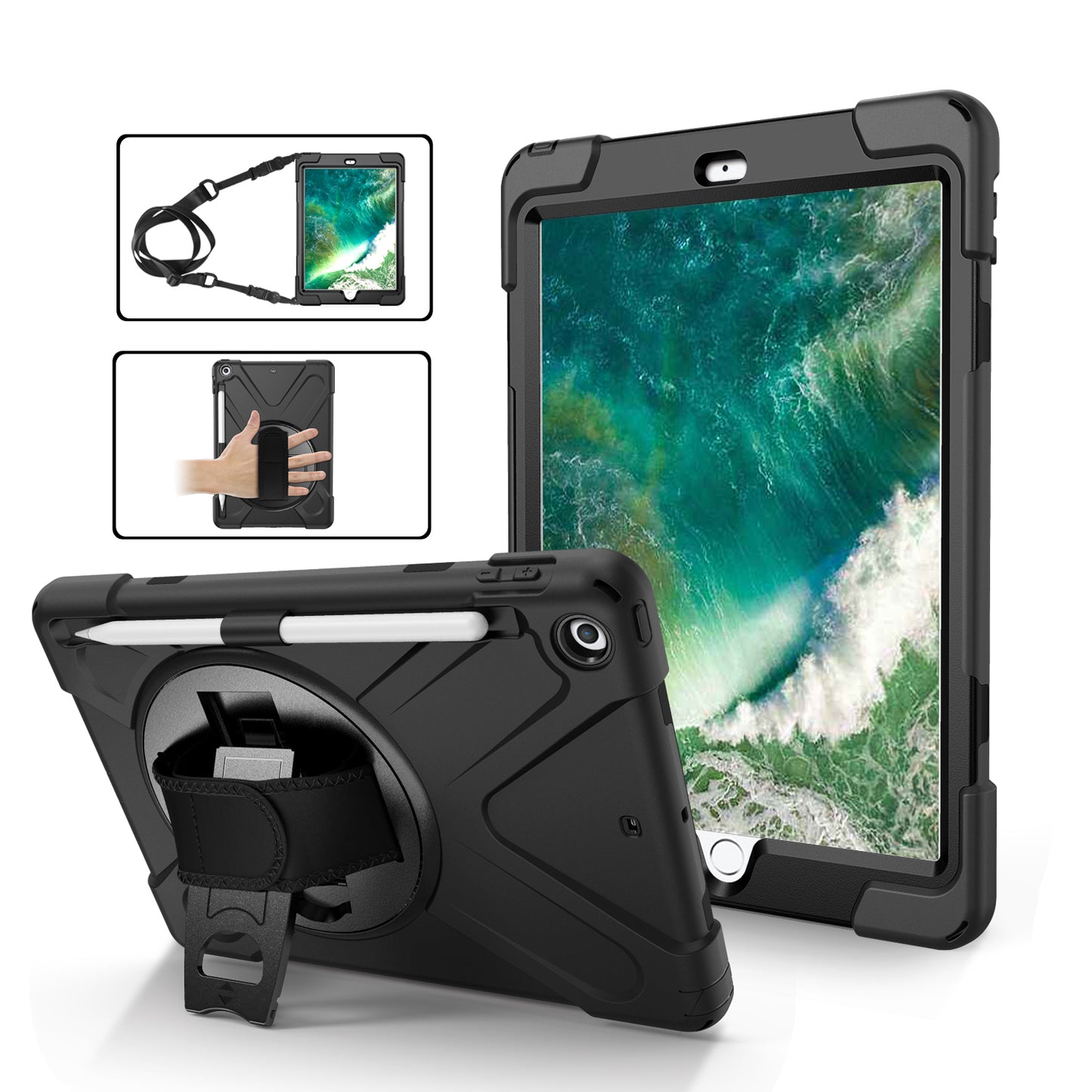 For iPad 9.7-inch (2018) / (2017) [X-Shape] PC + TPU Combo Case / 360 Degree Swivel Kickstand / Hand Strap and Shoulder Strap
