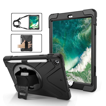 For iPad 9.7-inch (2018) / (2017) [X-Shape] PC + TPU Combo Case / 360 Degree Swivel Kickstand / Hand Strap and Shoulder Strap