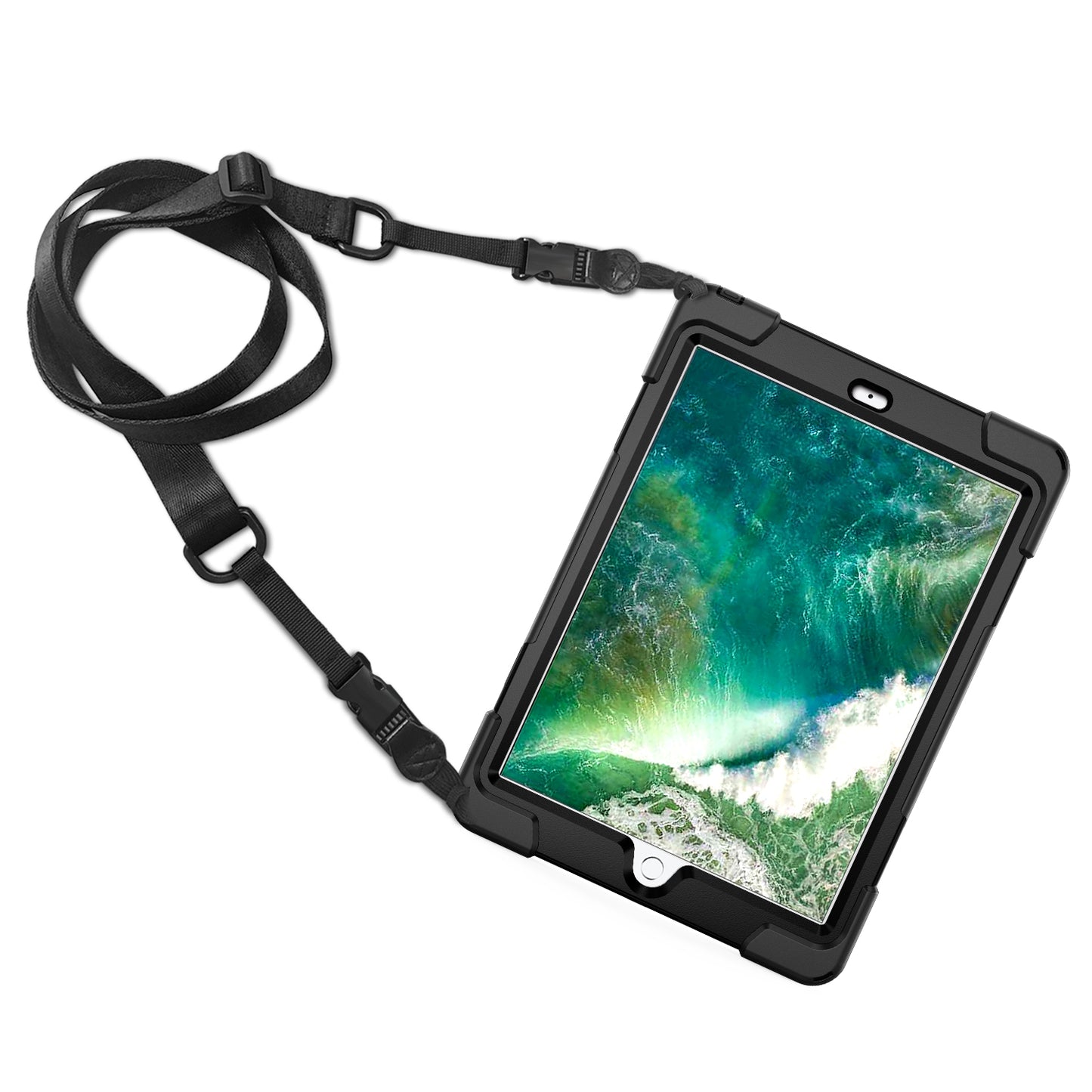 For iPad 9.7-inch (2018) / (2017) [X-Shape] PC + TPU Combo Case / 360 Degree Swivel Kickstand / Hand Strap and Shoulder Strap