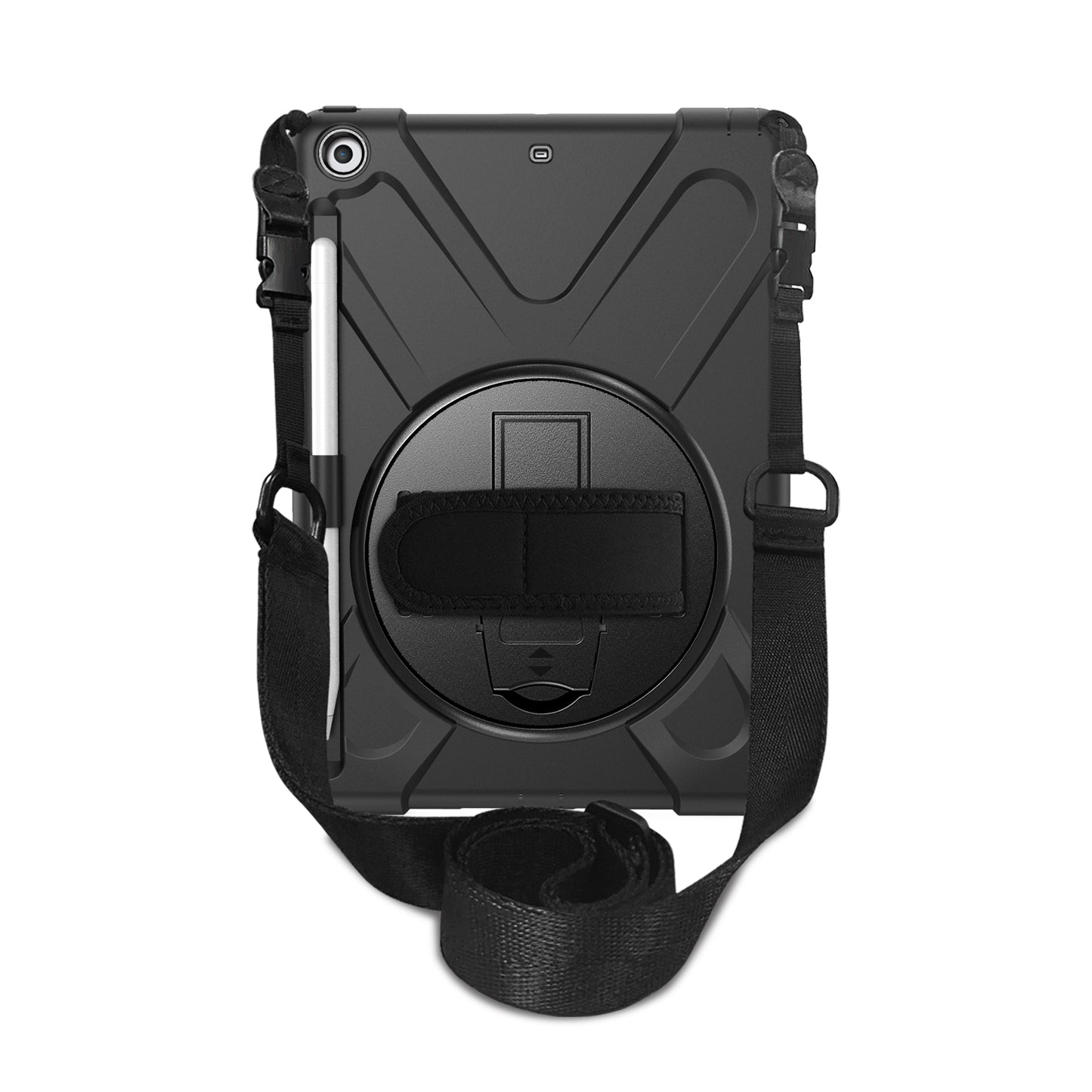 For iPad 9.7-inch (2018) / (2017) [X-Shape] PC + TPU Combo Case / 360 Degree Swivel Kickstand / Hand Strap and Shoulder Strap