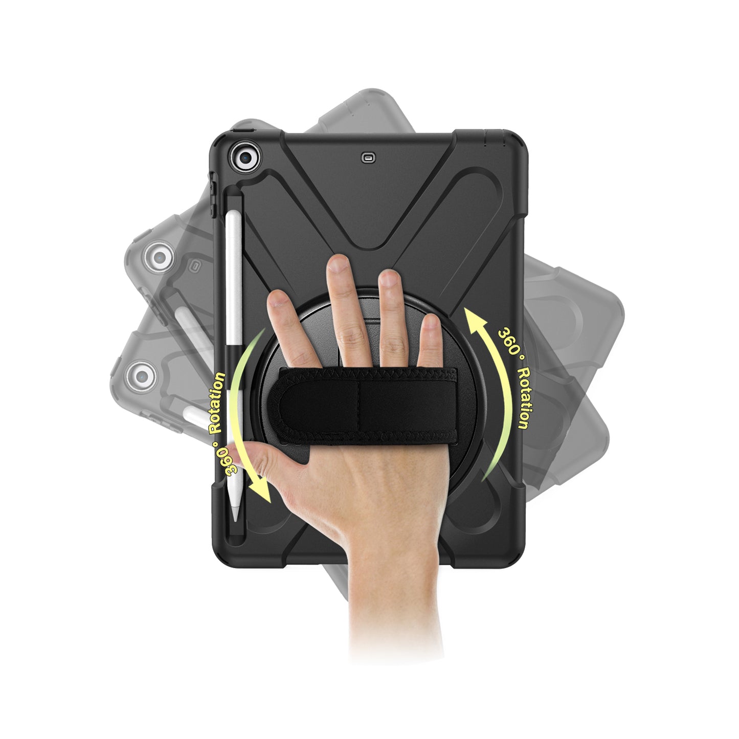 For iPad 9.7-inch (2018) / (2017) [X-Shape] PC + TPU Combo Case / 360 Degree Swivel Kickstand / Hand Strap and Shoulder Strap