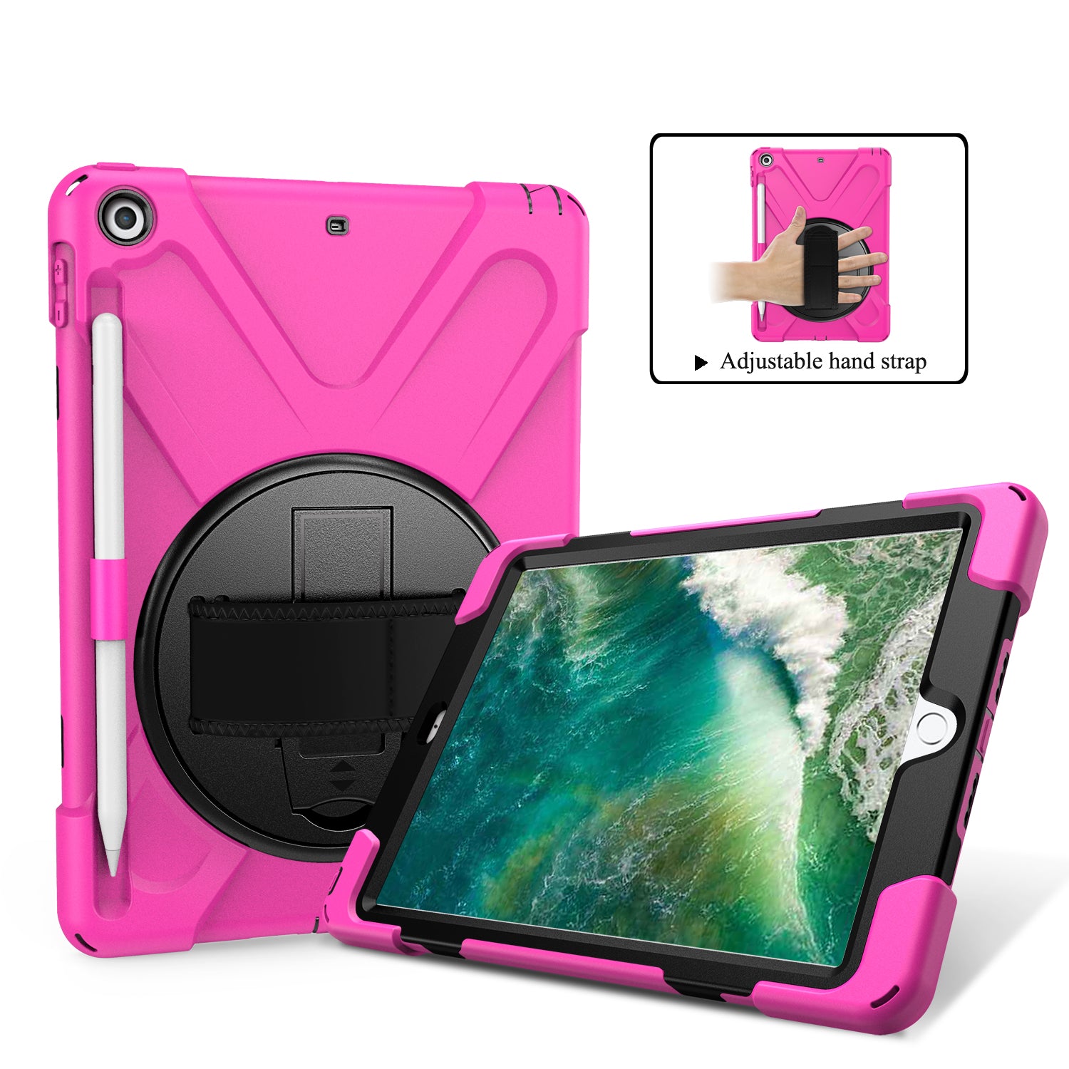 For iPad 9.7-inch (2018) / (2017) [X-Shape] PC + TPU Combo Case / 360 Degree Swivel Kickstand / Hand Strap and Shoulder Strap